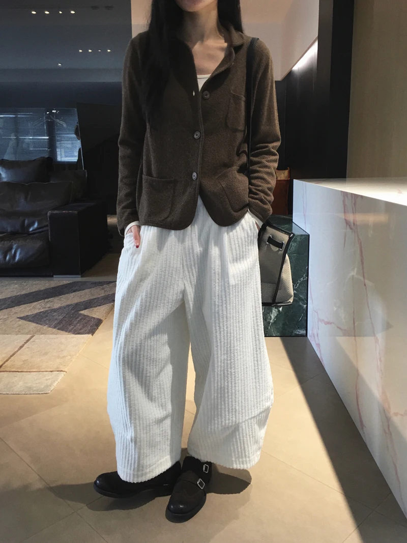 

Cuijia Retro Wide Leg Nine Pants Elastic Cotton Velvet Stretchy Waist Ladies Casual Trousers Comfortable Fit Spring Season