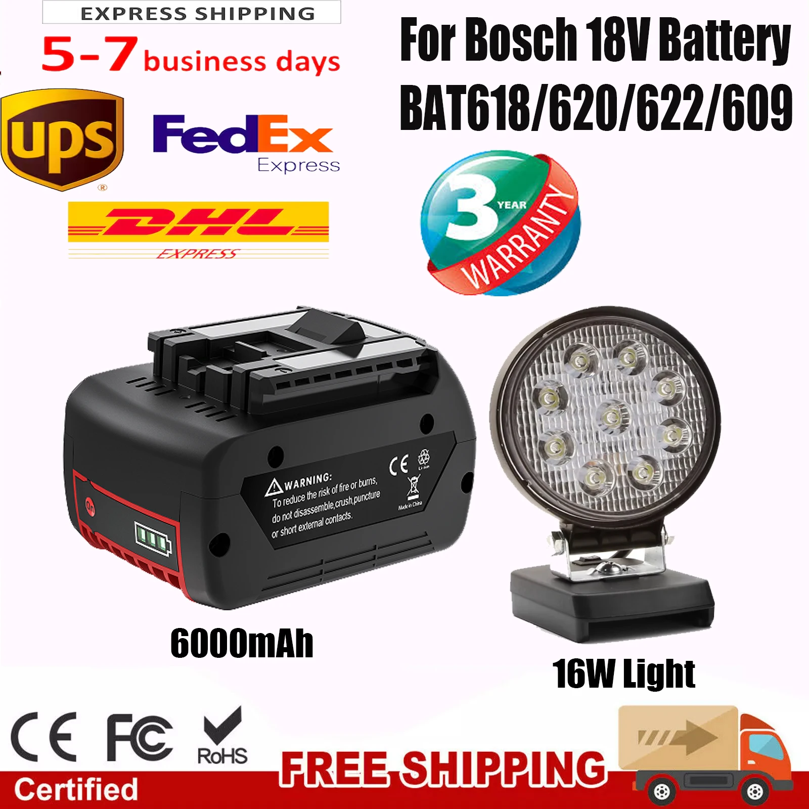 For Bosch 18V 6000mAh LI-ION Rechargeable Battery BAT618 BAT620 BAT609 With 16W Cordless Working Light For Camping Lighting