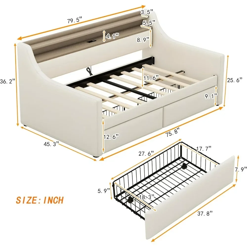 Cama de día tapizada con estación de carga y luces LED, marco de cama de tela de cuero PU con soporte de cabecero y listón de madera