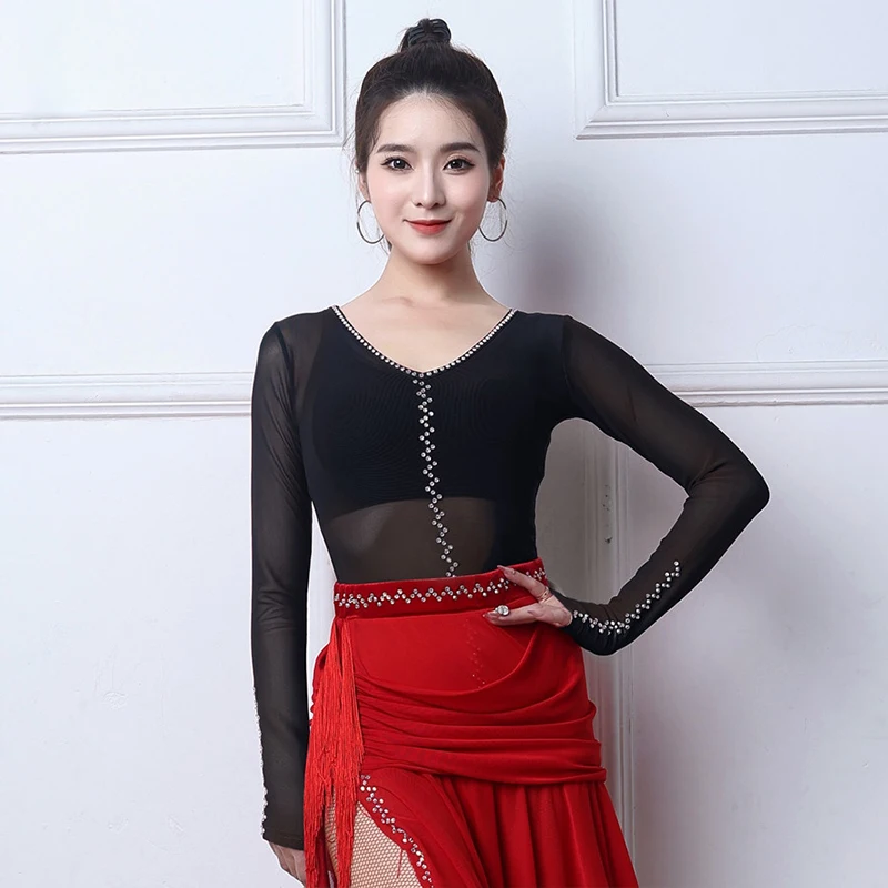 

2025 V-Neck Long Sleeve Latin Dance Top Practice Clothes Women Latin Dance Clothing Adult Waltz Salsa Dancing Bodysuit XH3033