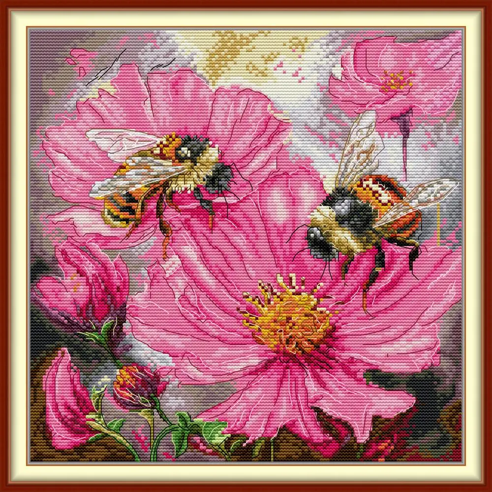 Joy Sunday News Pre-Printed Cross Stitch Kit, Stamped Aida Fabric with DMC Threads, Embroidery Kit - Flowers and Honey