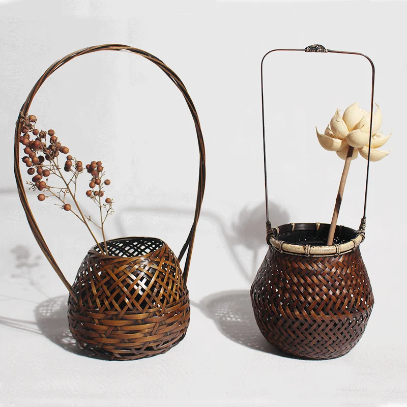 Handmade Bamboo Basket Vintage Craft Rattan Flower Vase Decorative Planter Home Garden Display