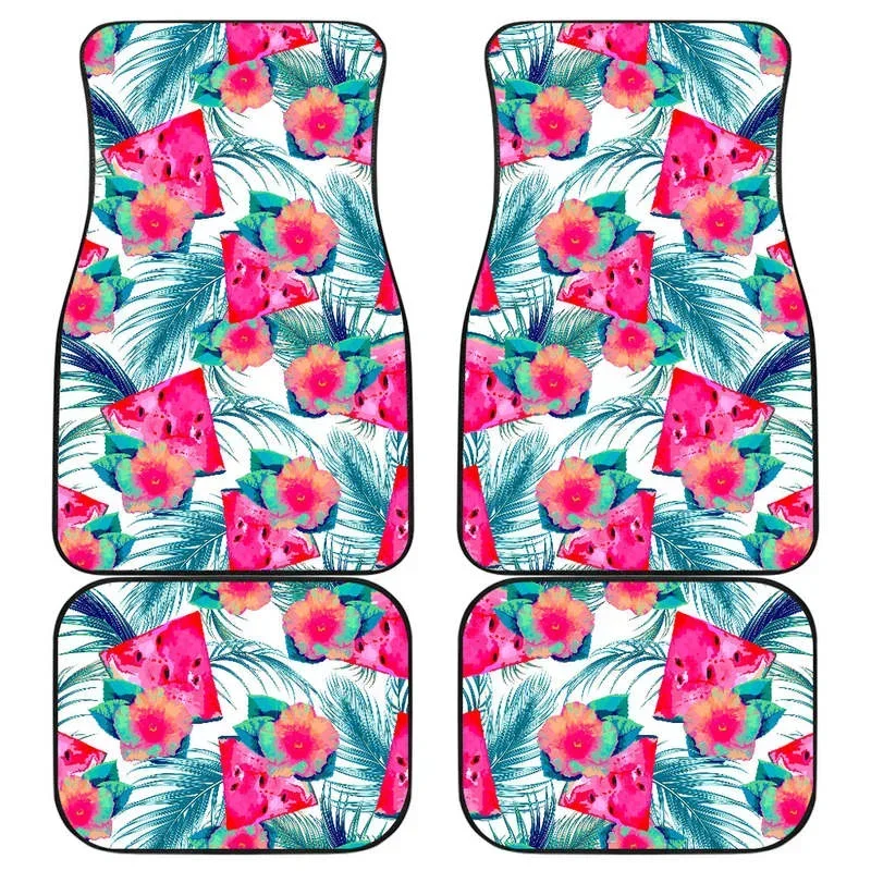 Watermelon Teal Hawaiian Pattern Print Front and Back Car Floor Mats Heavy Carpet Front and Rear Full Set 4PCs Pack