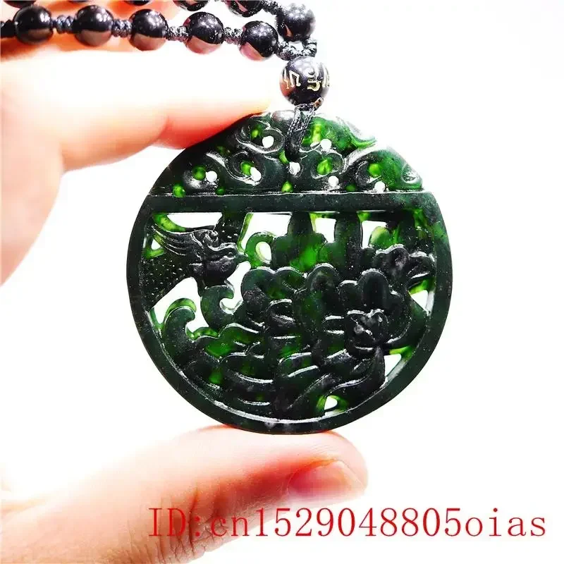 

Black Green Jade Flower Bird Pendant Fashion Double-sided Chinese Charm Natural Jewellery Gifts Necklace Amulet Carved