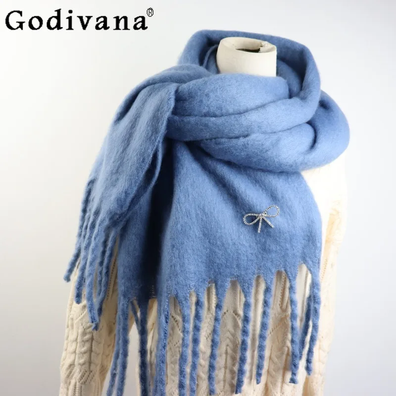 

Зимний теплый шарф с кисточками для девочек в японском стиле, универсальный бант со стразами, милый милый теплый шарф для шеи