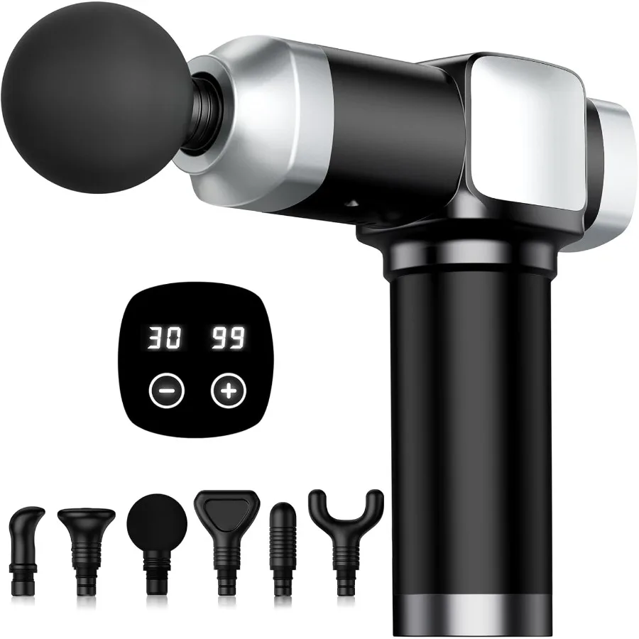 Deep Tissue Massage Gun Portable Percussion Electric Muscle Massager for Pain Relief Handheld Massagers with 30 Speeds and 6 At