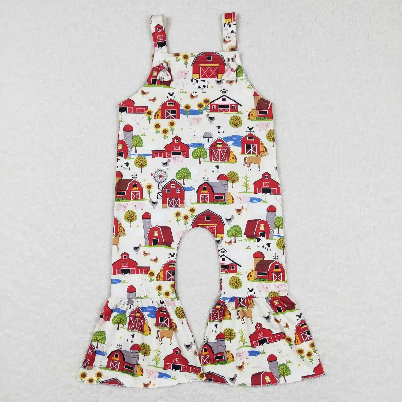 

Wholesale children's clothing hot sale for baby girls clothes farm animal Sunflower Red house suspenders jumpsuit