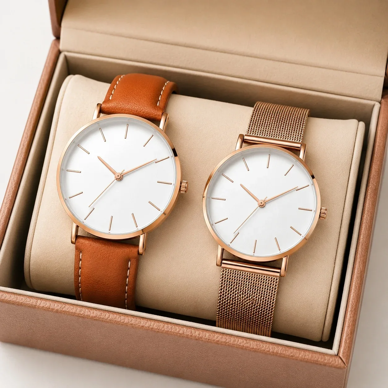 Luxury Simple Couple Watches Set 2Pcs Thin Round Dial Mesh Strap & Leather Band Quartz Wristwatches For Men Women Couple Gift