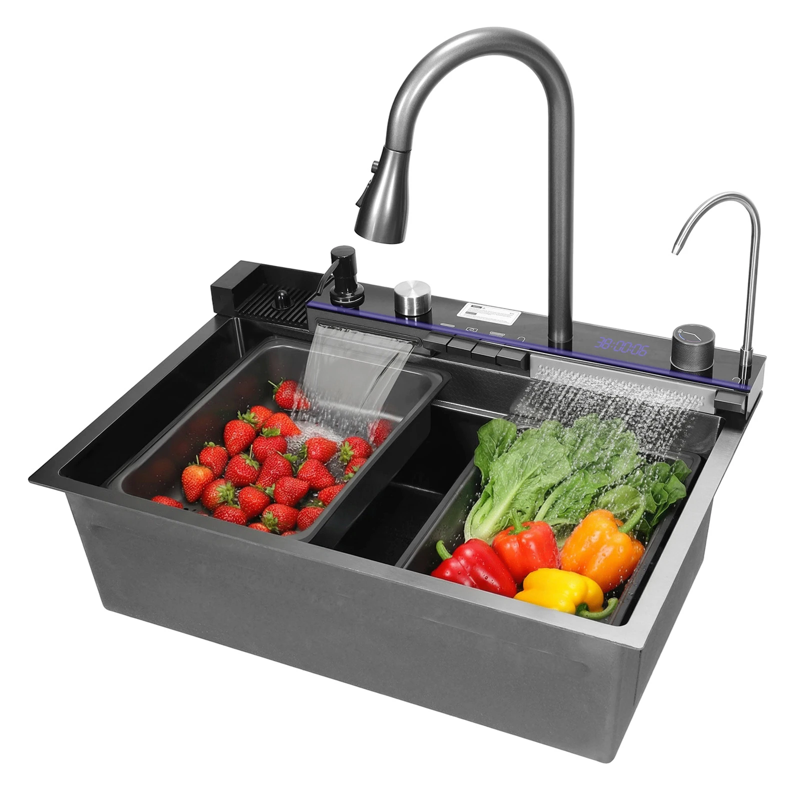 

Household Raindrop Waterfall Sinks Digital Display Integrated Basin Workstation with Pull-Out Swivel Faucet 5 Water Outlet Modes