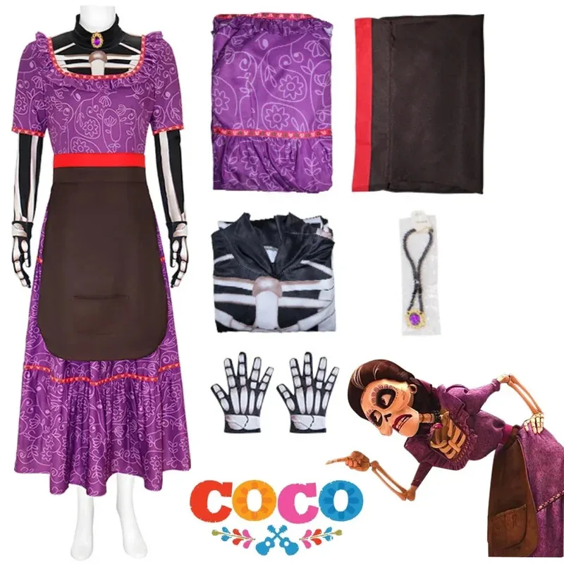 

Костюм для косплея COCO «Великая бабушка», фиолетовое платье, женский костюм на Хэллоуин, карнавал, Косплей, одежда по индивидуальному заказу