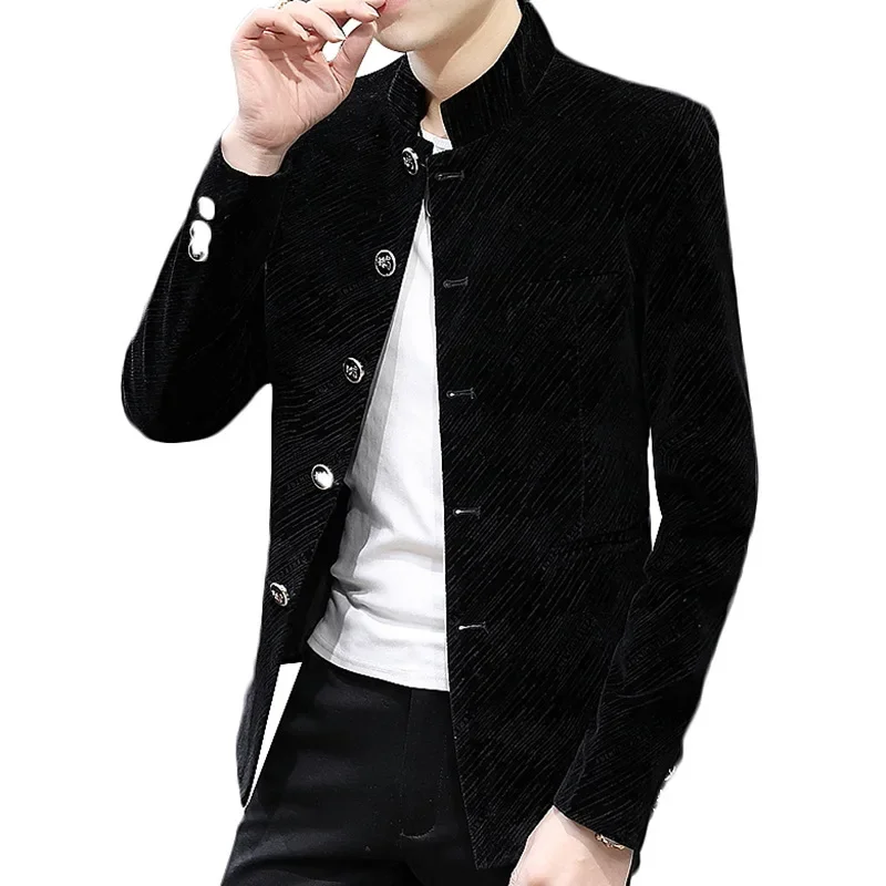 HOO 2024 Men New Style Gloss Twill Gold Velvet BLAZER Youth Stand Collar Single Breasted BLAZER