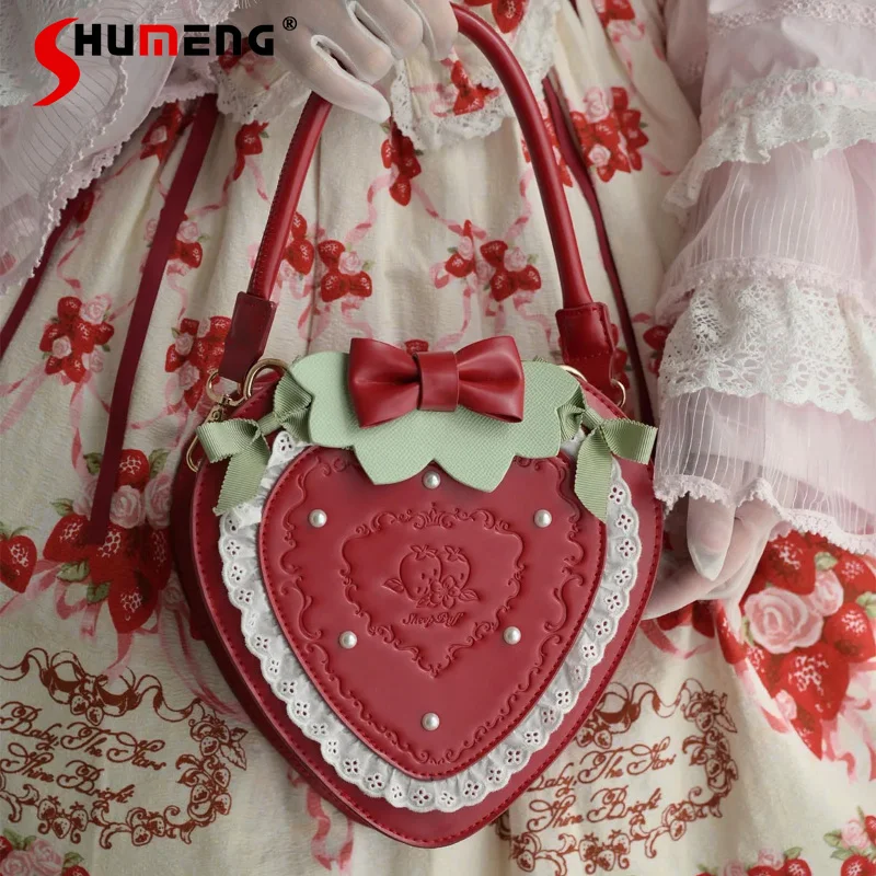 

2026 Japanese Girls Lolita Red Strawberry Bag Sweet Elegant Cute Bow Princess Lo Pink Handbag Women's Shoulder Crossbody Bag