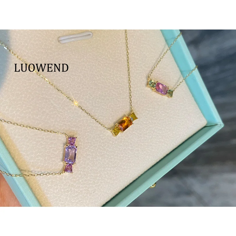 

LUOWEND 100% 18K Yellow Gold Necklace Fashion INS Style Real Natural Color Sapphire Pendant Necklace for Women Birthday Gift