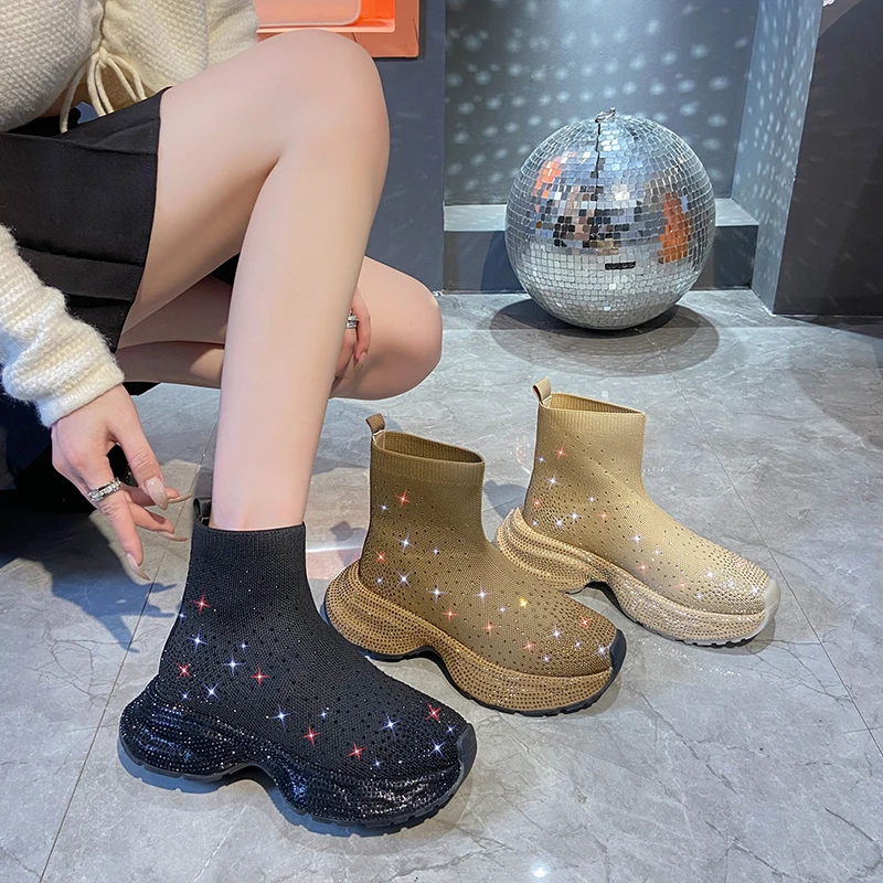 Top Quality Thick Sole Bling Sneakers Sock Booties Elastic Botas Rhinestone Loafers Stretch Boots Shiny Casual Crystal Shoes