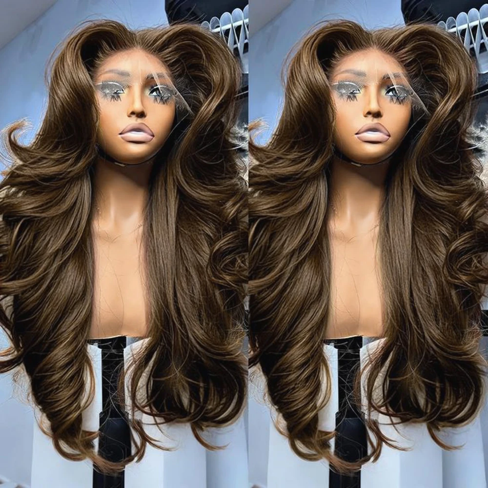 13X4 Synthetic Glueless Brown Lace Front Wigs For Women Chocolate Brown Body Wave Wig 13X6 Lace Frontal Wig Pre Cut 200% Density