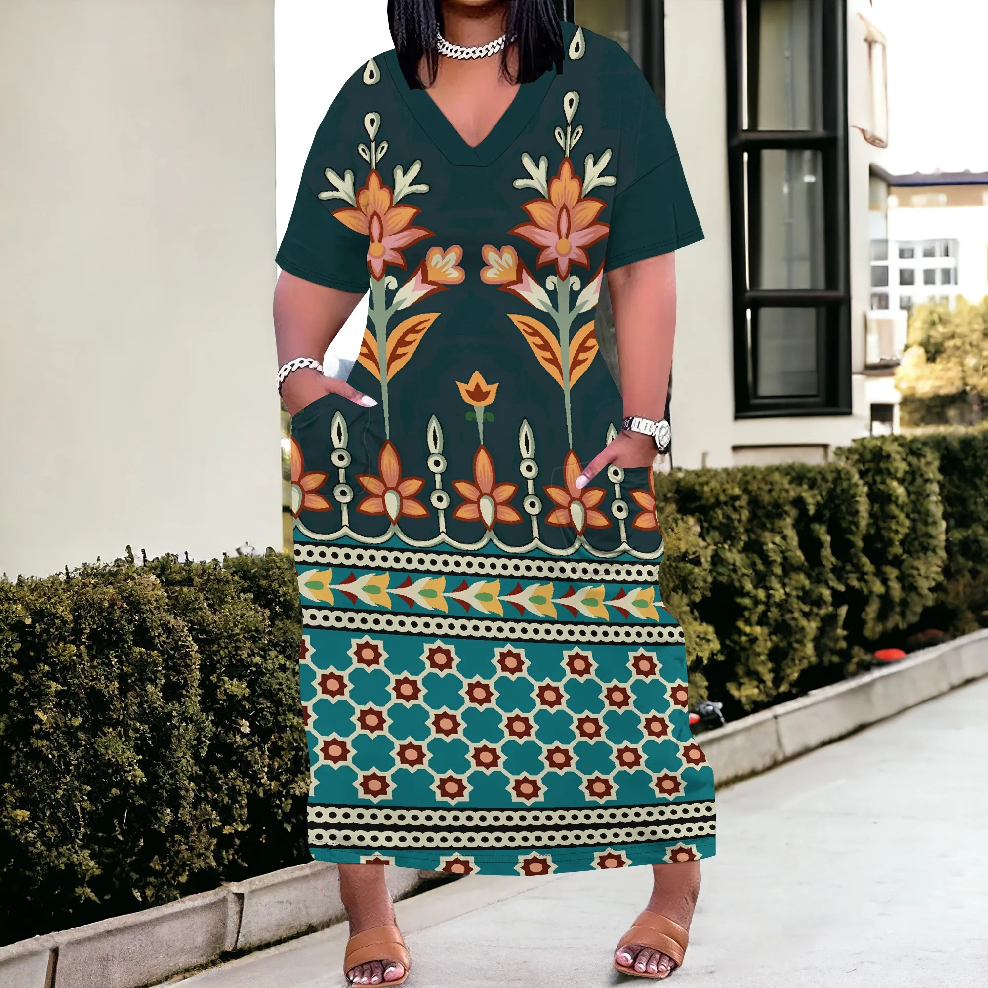 

Nupusa Floral Pattern Print Dress for Women Plus Size Summer Casual V Neck Short Sleeve Maxi Dress with Pockets