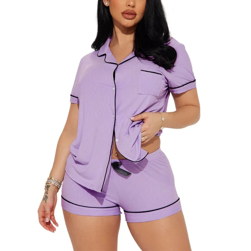 Pajamas For Women's Summer New Sleepwear Lapel Basic Pit Strips Short Sleeve Shorts 2PCS Loungewear Purple Color