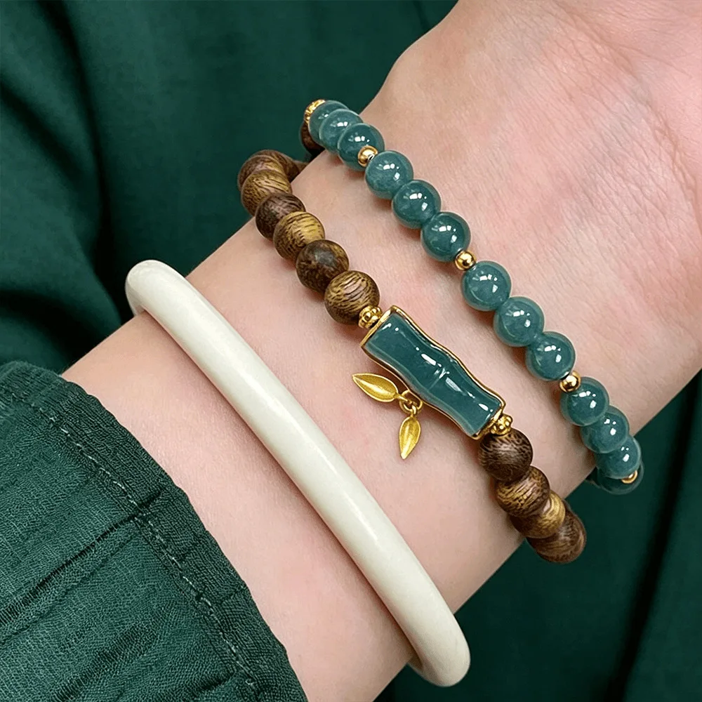 Natural Blue Water Jade Bamboo Joint & 90% Sinking Agarwood Bracelet: New Chinese Style Women's Playable Beaded Gift