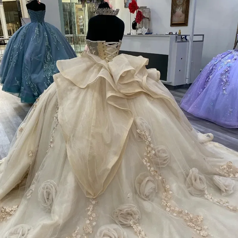 الوهم الشمبانيا الكرة ثوب جميل زين قبالة الكتف فساتين Quinceanera تول الحلو Vestidos دي 15 XV Anos مخصصة