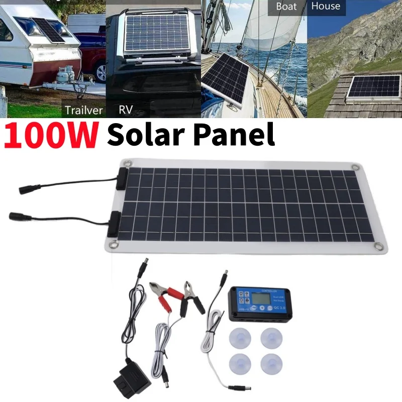 Polykristallines 100-W-Solarpanel mit zwei Ausgängen, intelligenter Controller, 12 V-24 V, wasserdichtes USB-Solarpanel für Auto, Wohnmobil, Boot im Freien