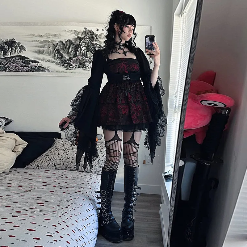 شبكة دانتيل سوداء قوطية شفافة بأكمام واسعة غطاء جمالي أنيق عتيق للنساء قطع علوية قصيرة موضة خريف جديدة #3