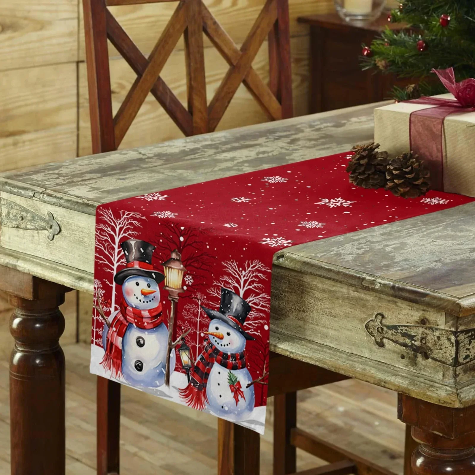 Christmas Snowman Branch Linen Table Runners Dresser Scarf Table Decor Winter Xmas Dining Table Runners Christmas Decorations