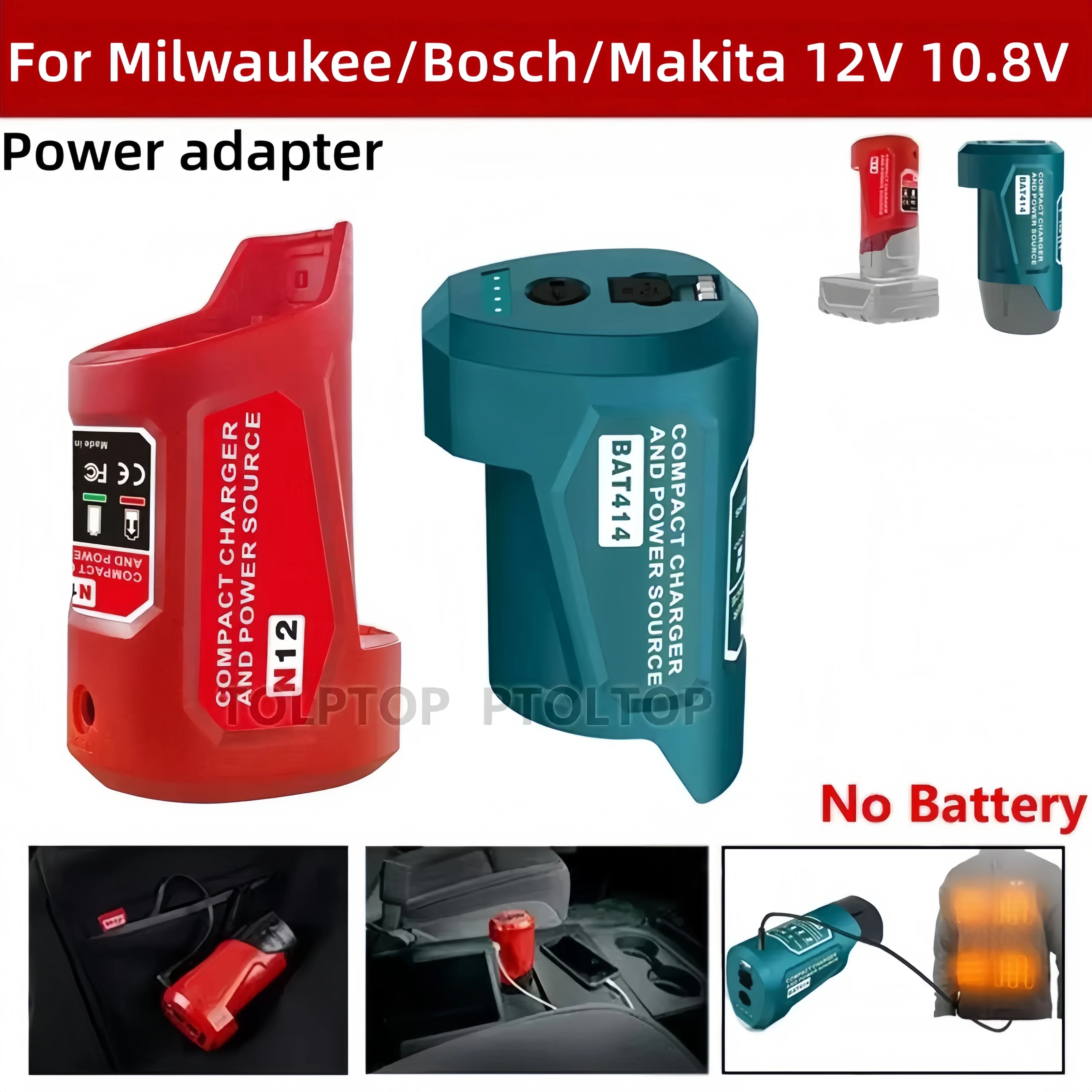 Brand new power adapter for Makita/ for Bosch/ for Milwaukee 12V/10.8V lithium batteries, featuring a USB port