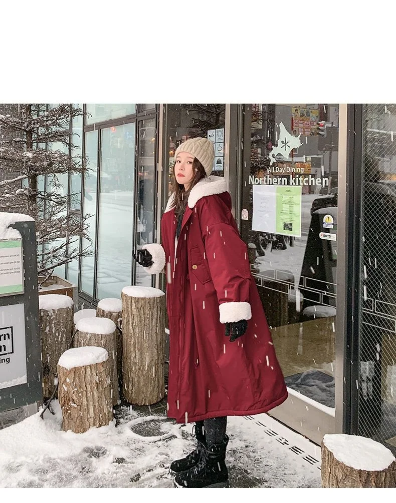 Lamb wool Cotton Jacket Women's Korea Loose 2026 New Winter Plus velvet Snow Parkas Warm Hooded Coat Casual Female Long Overcoat