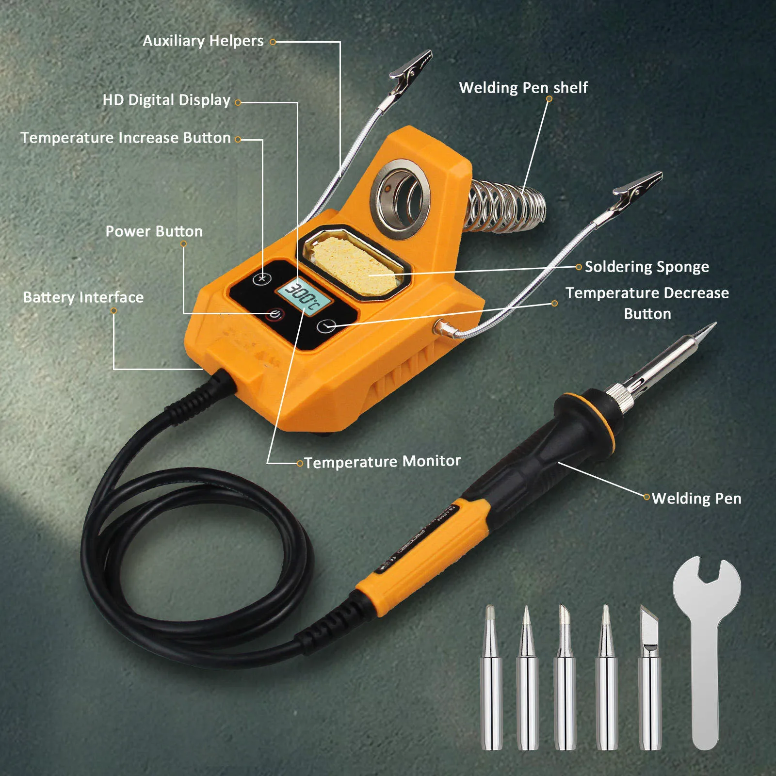 Cordless Soldering Station for Dewalt 20V Battery, 60W Digital LCD Iron with 6 Tips & 2 Helping Hands, 100-500℃ Adjustable