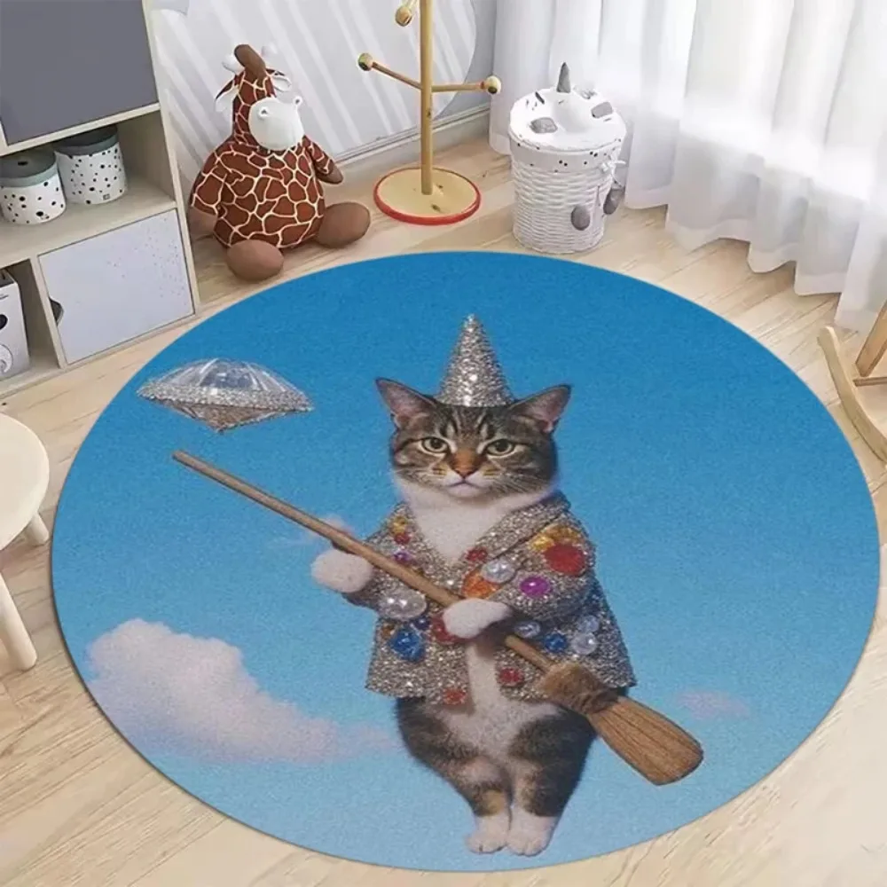 Cute Black Cat Holding Goldfish Round Rug Surrealist Animal Art Carpet, Washable Non-Slip Living Room Bedroom Floor Mat, 1PC