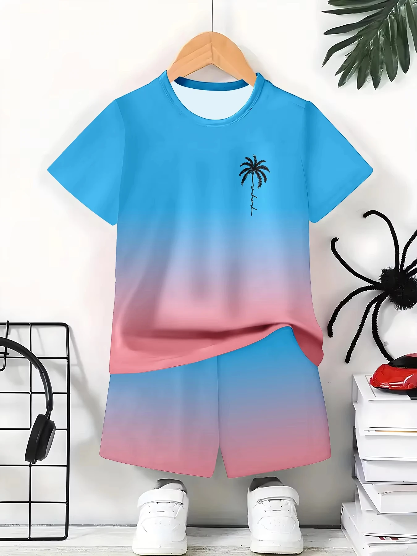 

Kids Suit Coconut Tree Gradient Print Short Sleeve T-Shirt and Shorts Sets 2PCS Summer Casual Fashion Children's Clothing 2-10Y
