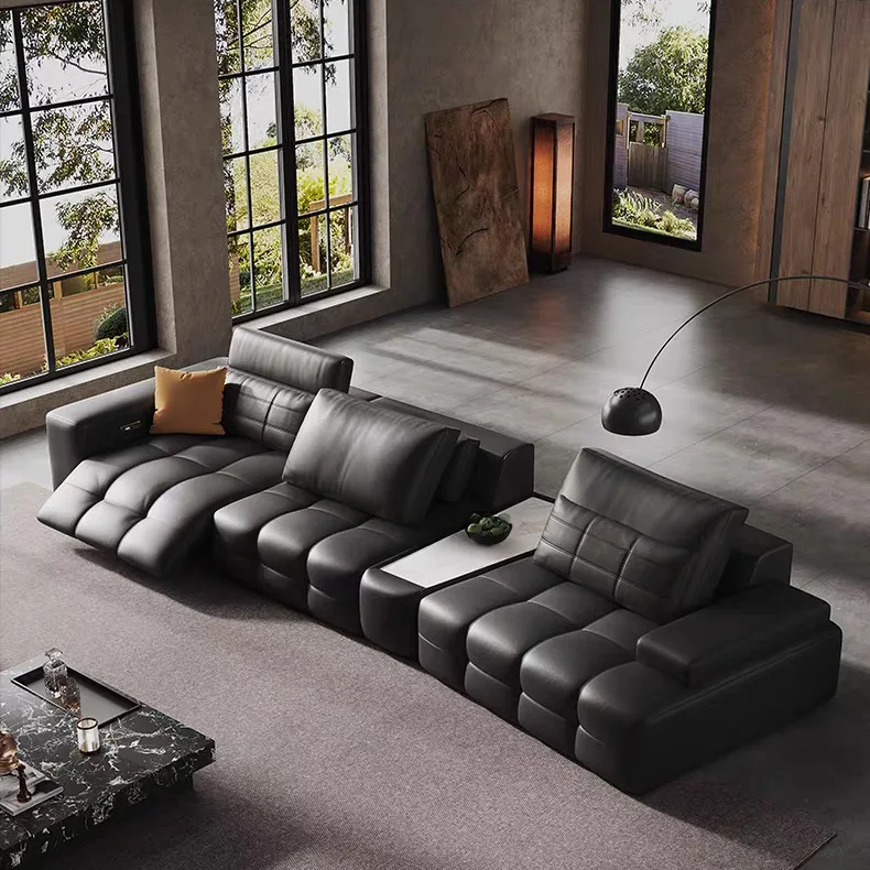 

#Electric Genuine Leather Three Seat Sofa Zero Wall Lawrence Black Multi-functional Italian Villa Living Room Straight High-end