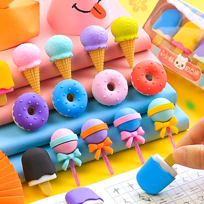 4pcs/pack Yummy Dessert Erasers Set Mini Lollipop Icecream Popsicle Donuts Rubber Pencil Eraser for Kids School Students