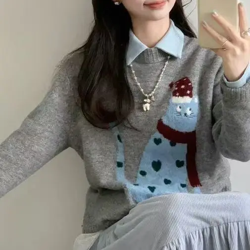 

Винтажный милый женский свитер с милым котом, кашемировый вязаный джемпер с героями мультфильмов, осень-зима, с круглым вырезом, кавайные топы с ленивым ветром, Sueter Mujer