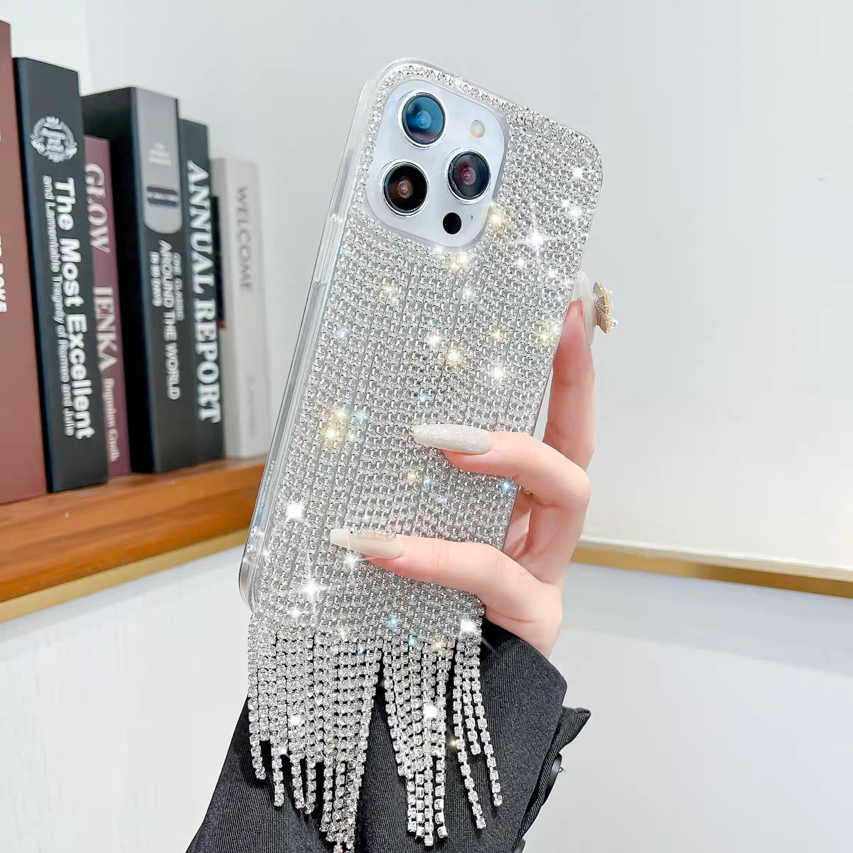 Glitter Rhinestone Tassel Phone Case for iPhone 18 Pro Max 17 16 15 14 13 12 11 Handmade Bling Diamond Hard Cover