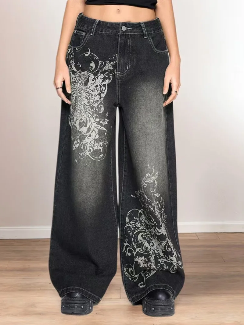 

Модные джинсовые мешковатые брюки с принтом, осенняя одежда, женские широкие джинсы в стиле Харадзюку с низкой посадкой Y2K, прямые джинсы в стиле хип-хоп, джинсовые брюки