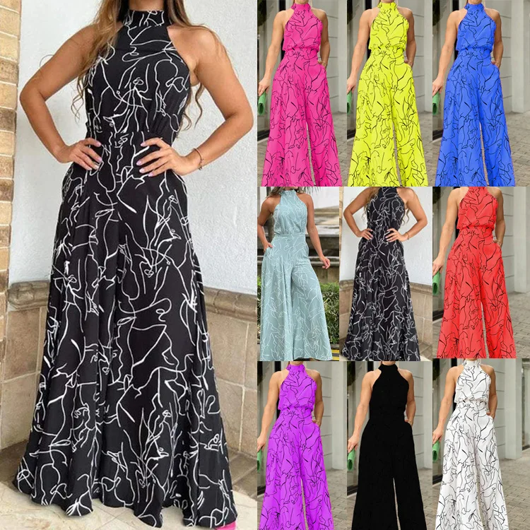 

2026 Summer Elegant Women Chic Printed Jumpsuit New Fashion Halter Neck Leace-up Office Lady Commuting High Waist Wide Leg Pants