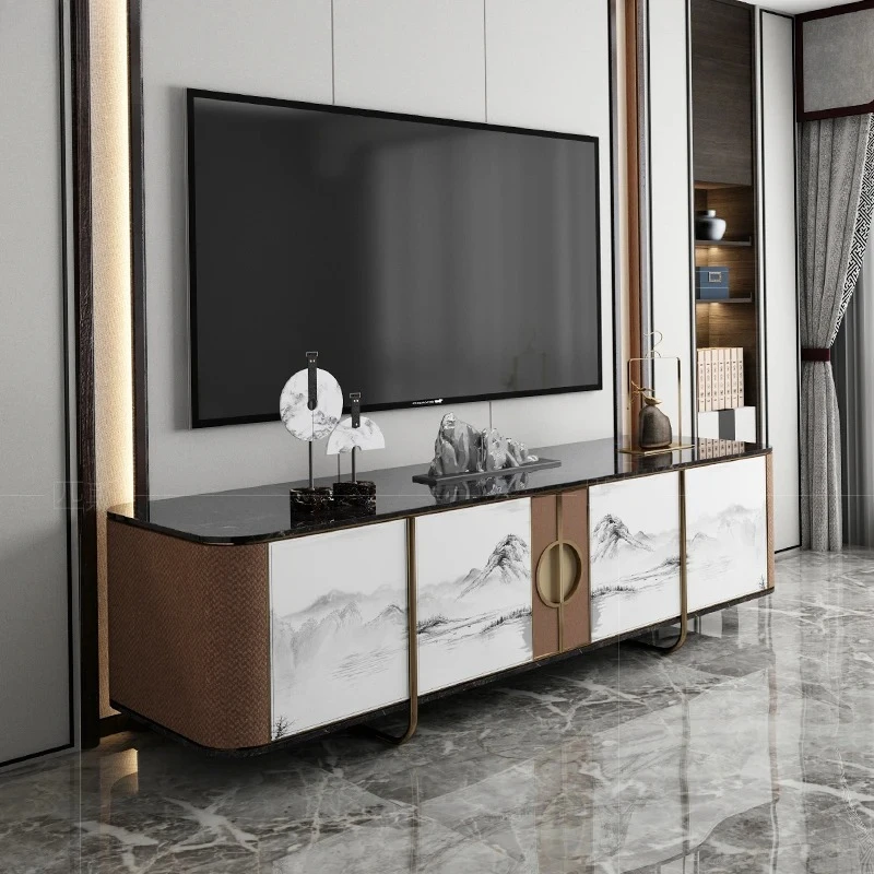 

New Chinese Solid Wood TV Cabinet Floor Cabinet Light Luxury Slate Marble Living Room Side Cabinet Locker