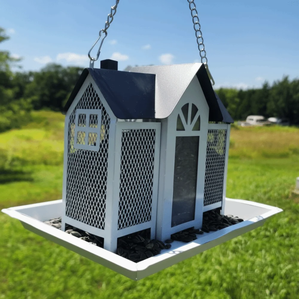 Comedero para Pájaros Colgante de Metal Resistente, Gran Capacidad, Impermeable, Comedero para Colibríes en Forma de Casa, Estación de Alimentación para Pájaros en el Jardín Exterior