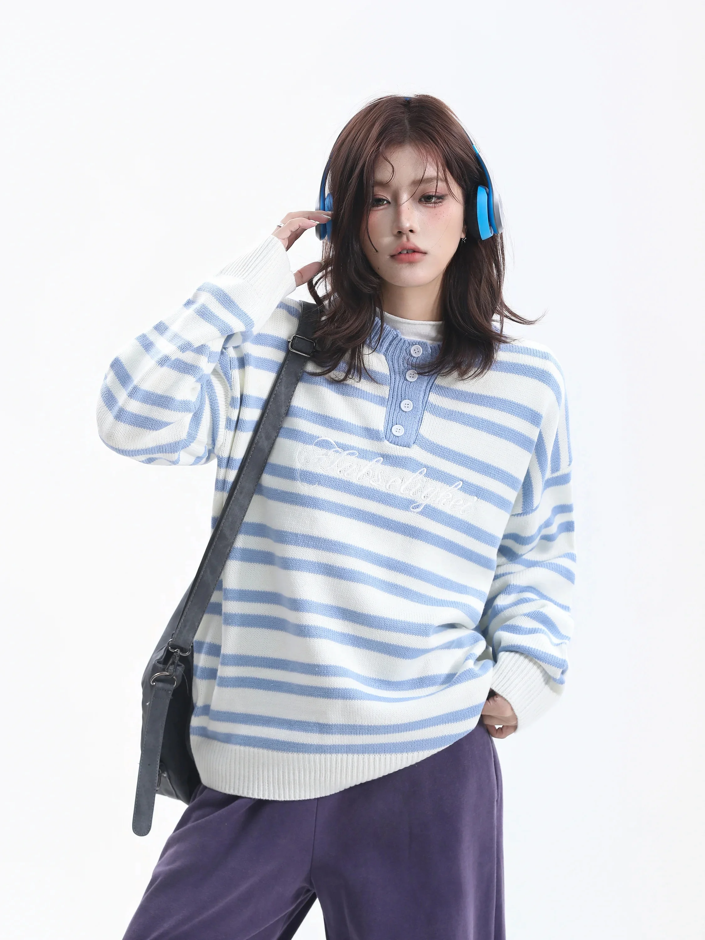 Oversize Striped Knitted Sweater Women's Embroidered Henry Collar Couple Fashion Warm Autumn Winter Neutral Style Long Sleeve