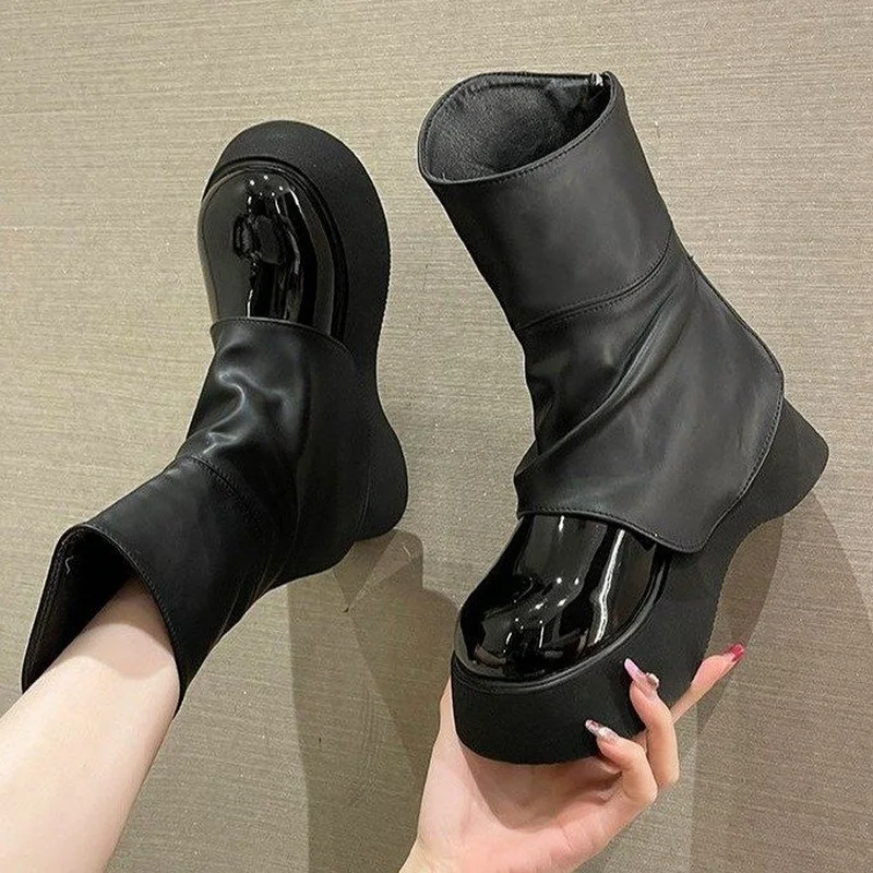 

Autumn Winter Fashion Women & Girls Trouser Boots Fashion Female Patent Leather Shoes Thick-Soled Boot Sports Casual Size 35-40