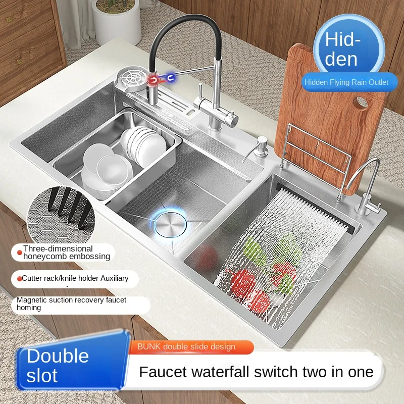 

Sivler Stainless Steel Kitchen Sink with Faucet Large Single Bowl Waterfall Rain household Dish Basin Sink