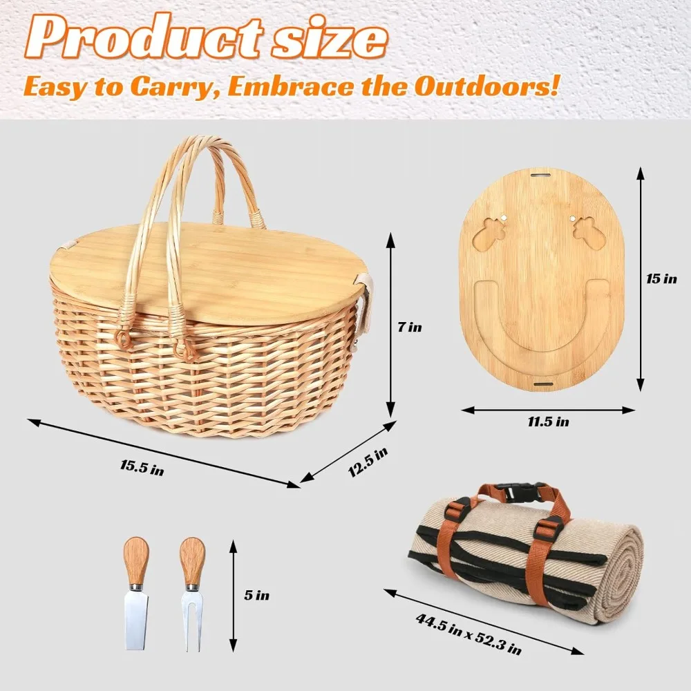 مجموعة سلة نزهة مزدوجة من الخيزران مع بطانية للأزواج - هدايا رومانسية للاستخدام الخارجي لحفلات الزفاف والخطوبة والعائلة #4