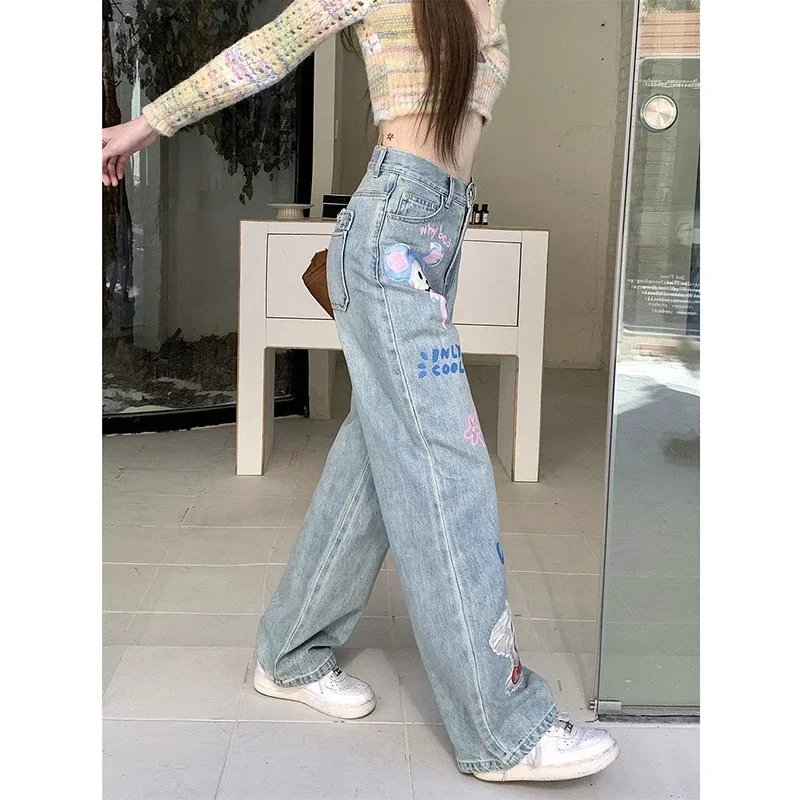 Desenhos animados americanos de mulheres com estampa grafite jeans de pernas largas, cintura alta solta, calça reta fina, calça casual feminina