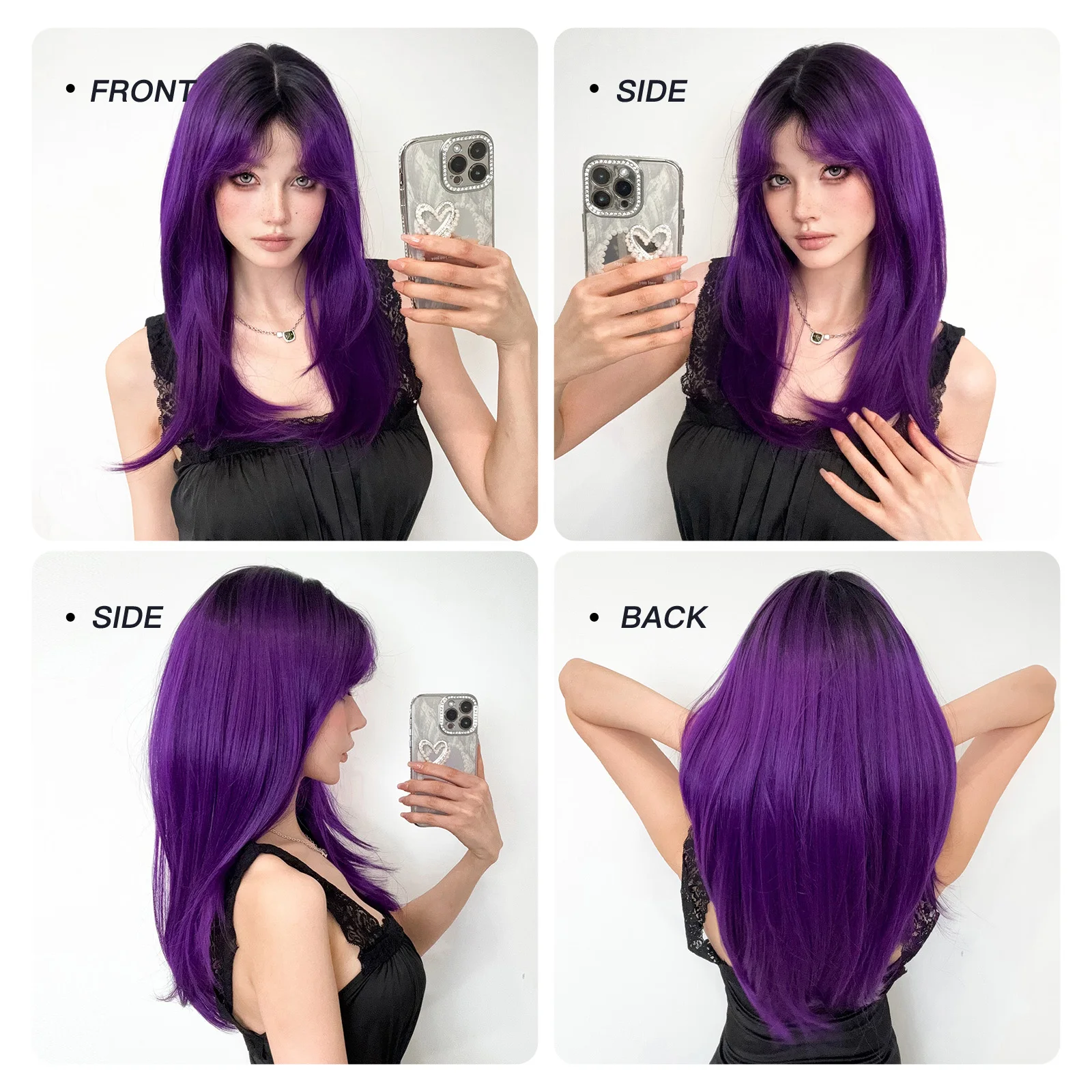 GEMMA Long Straight Dark Purple Synthetic Layered Wig with Bangs Christmas Cosplay Lolita Hair Wigs for Women Heat Resistant