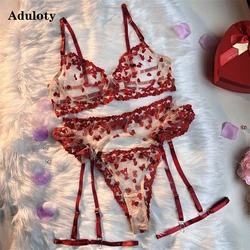 Aduloty Women Sexy Underwear Heart-shaped Embroidery Splicing Strap Erotic Lingerie Summer Thin Mesh Perspective Bra Set