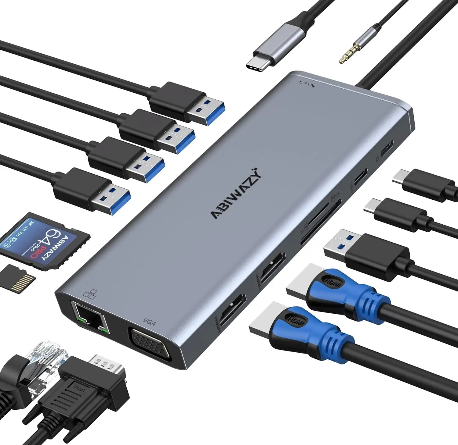 

Док-станция 14 в 1 USB-C с двумя 4K HDMI, VGA, зарядным устройством PD мощностью 100 Вт, устройством чтения карт Ethernet и SD/TF