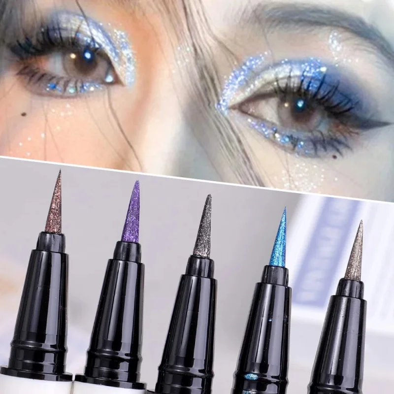 6 Farben dünner, perlmuttartiger Eyeliner-Flüssigkeitsstift, 3-in-1, glänzender Seidenraupen-Lidschattenstift, langlebig, glatt, glitzernd, Eyeliner-Make-up