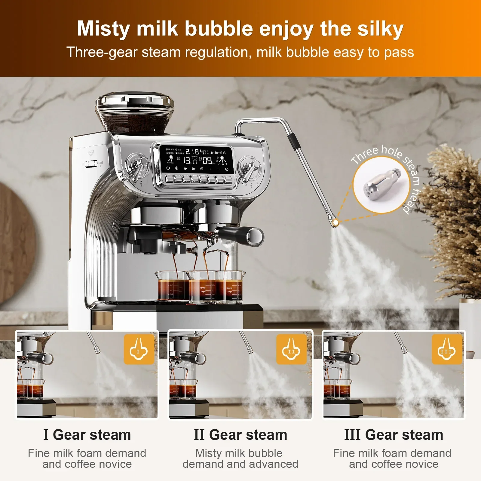New 15 Bar Pump Electric Coffee Maker Manual Espresso Machine With Grinder