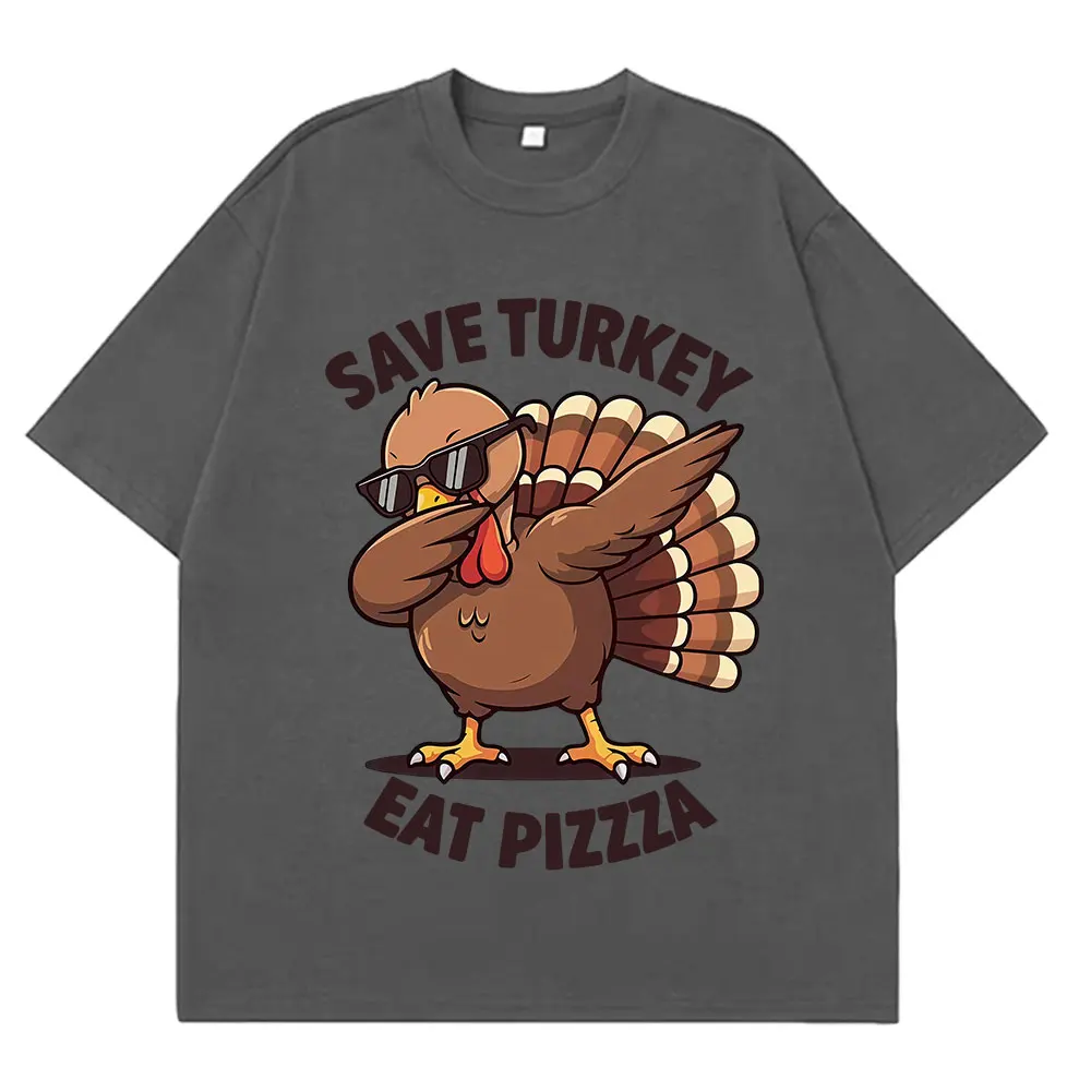 حفظ تركيا أكل البيتزا مضحك الدجاج ميمي تي شيرت الرجال النساء موضة تي شيرت قصيرة الأكمام القطن عادية فضفاض المتضخم تي شيرت